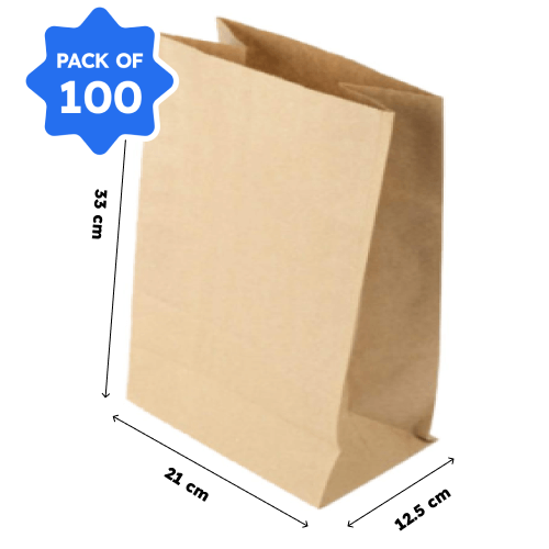 Kraft Paper Bag, 60 GSM, W:21 X G:12.5 X H:33 cm, (Pack of 100)