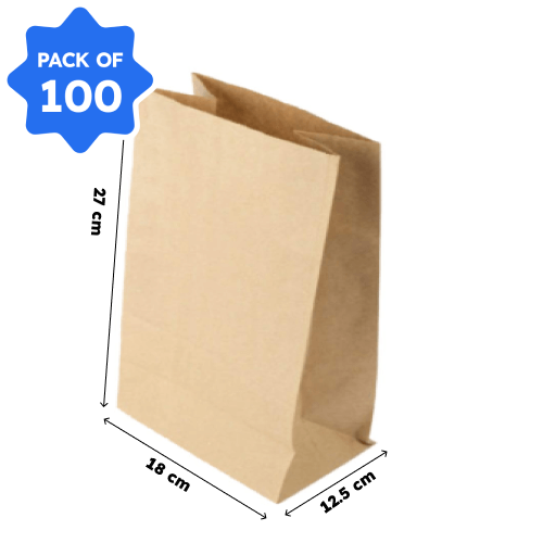 Kraft Paper Bag, 60 GSM, (W:18 X G:12.5 X H:27 cms) (Pack of 100)