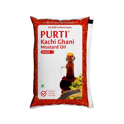 Purti - Kachi Ghani Mustard Grade 1, 1 L Pouch (Pack of 12)