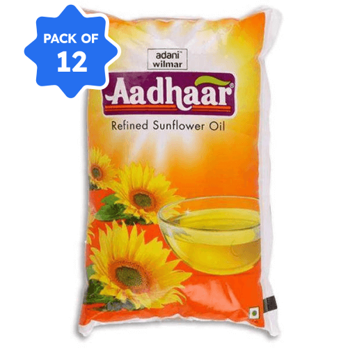 Aadhar - Refined Sunflower Oil, 1 L Pouch (Pack of 12)