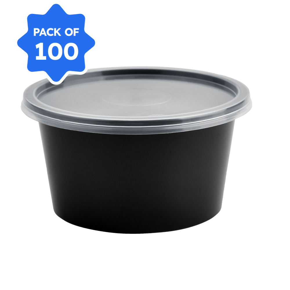 Bhagwati - Round Container 02-250 ml, Black with Lid (Pack of 100)