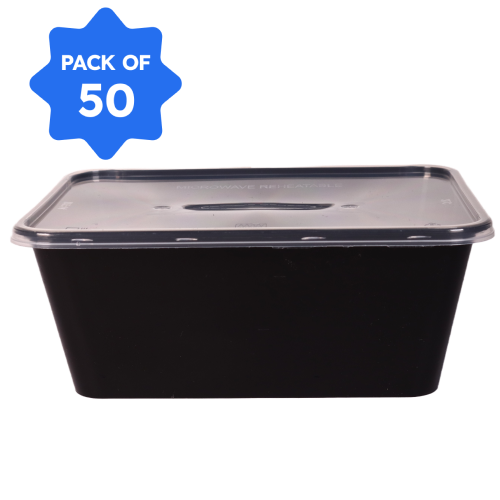 Bhagwati - Rectangle Container 14-1000 ml, Black with Lid (Pack of 50)