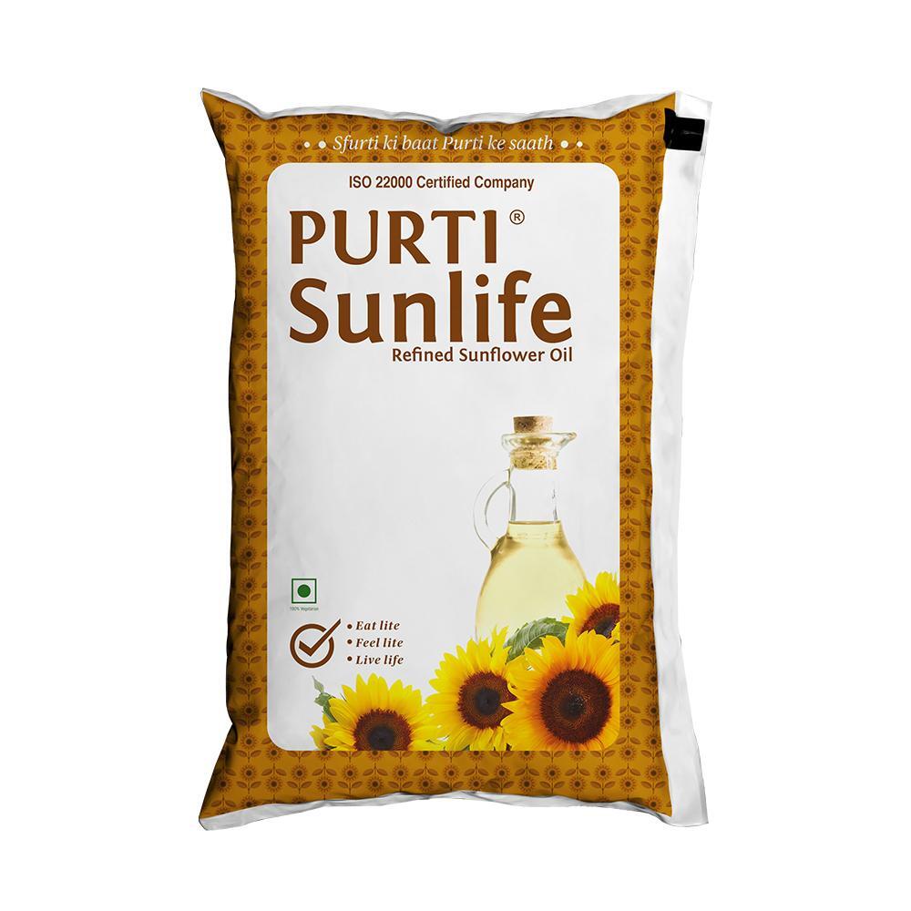 Purti Sunlife - Refined Sunflower Oil, 895 gm Pouch (Pack of 12)