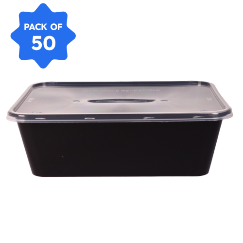 Bhagwati - Rectangle Container 14-750 ml, Black with Lid (Pack of 50)