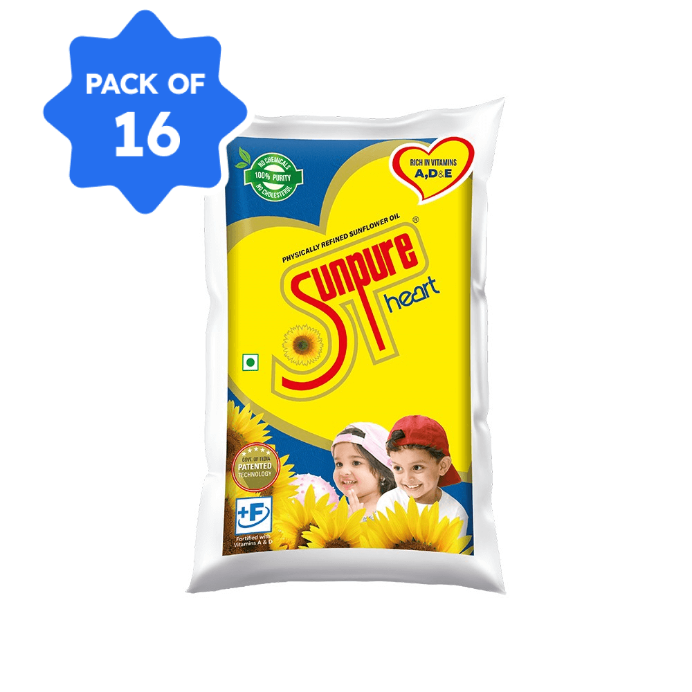 Sunpure - Refined Sunflower Oil, 1 L Pouch (Pack of 16) (Bulk Pack)