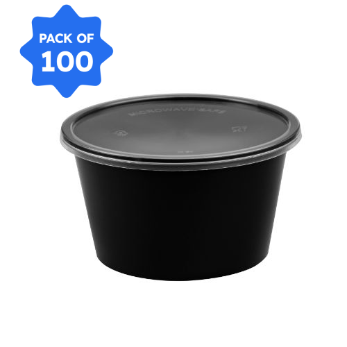 Bhagwati - Round Container 03-500 ml, Black with Lid (Pack of 100)