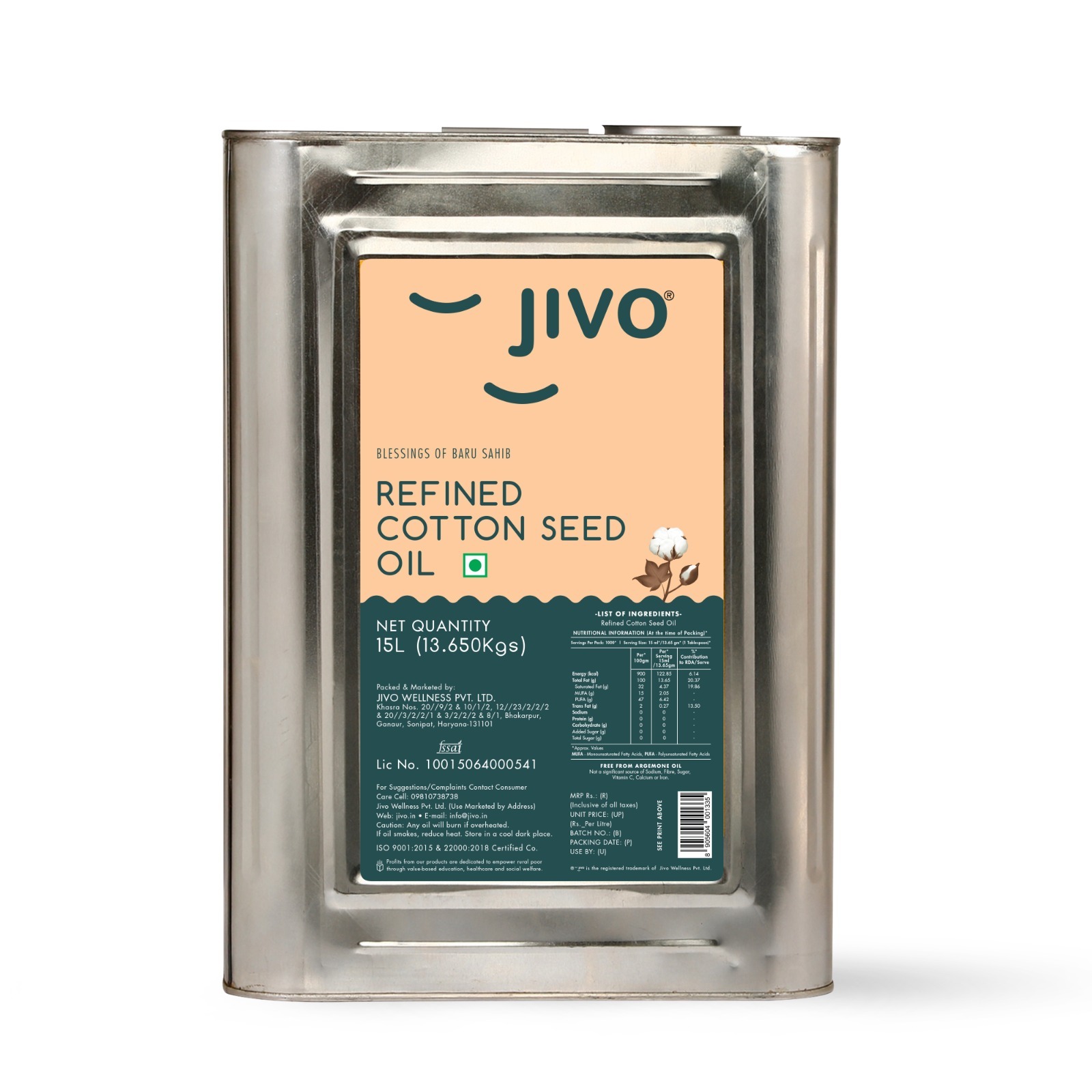 Jivo - Refined Cotton Seed Oil, 15 L Tin