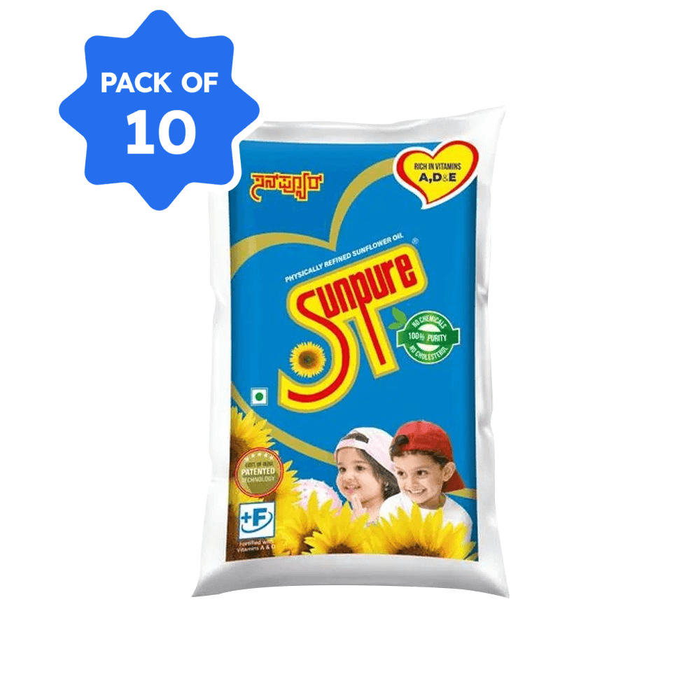 Sunpure - Refined Sunflower Oil, 1 L Pouch (Pack of 10)