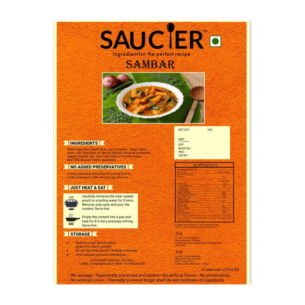 Saucier - RTE Sambhar, 1 Kg, Ambient/Retort