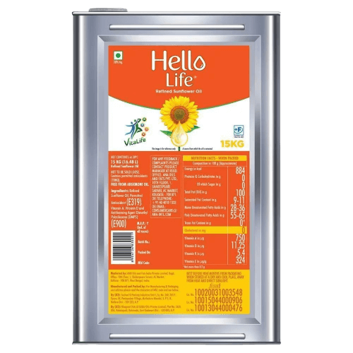 Hello Life - Refined Sunflower Oil, 15 Kg Tin