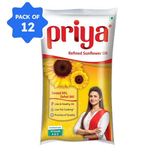 Priya - Refined Sunflower Oil, 1 L Pouch (Pack of 12)