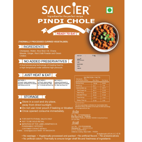 Saucier - Pindi Chole, Pack of 1 Kg, Ambient/Retort