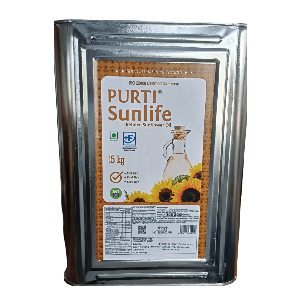 Purti Sunlife - Refined Sunflower Oil, 15 Kg Tin