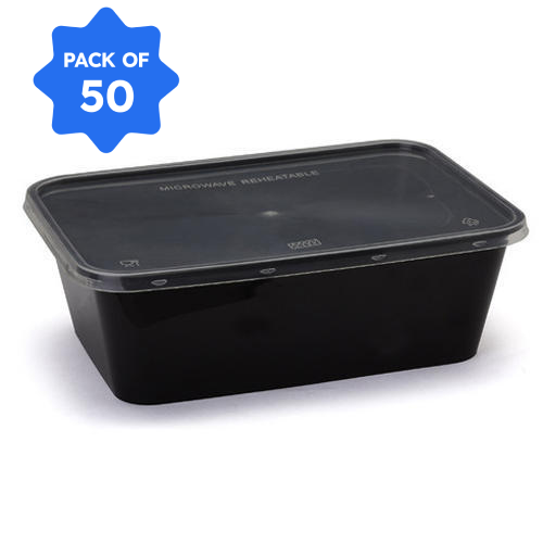 Bhagwati - Rectangle Container 14-500 ml, Black with Lid (Pack of 50)