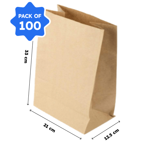 Kraft Paper Bag, 80 GSM, (W:21 X G:12.5 X H:33 cm), (Pack of 100)