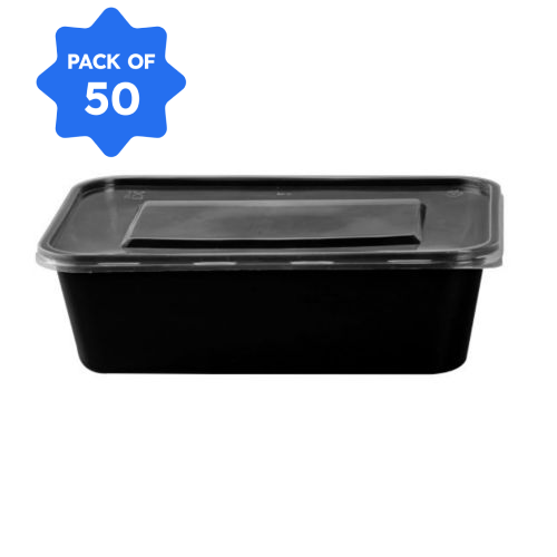 Bhagwati - Rectangle Container 14-650 ml, Black with Lid (Pack of 50)