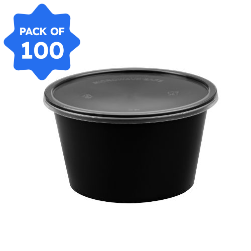 Bhagwati - Round Container 01-100 ml, Black with Lid (Pack of 100)