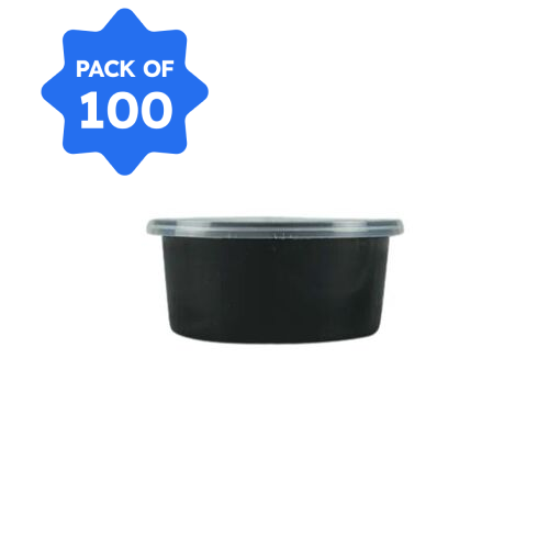 Bhagwati - Round Container 03-300 ml, Black with Lid (Pack of 100)