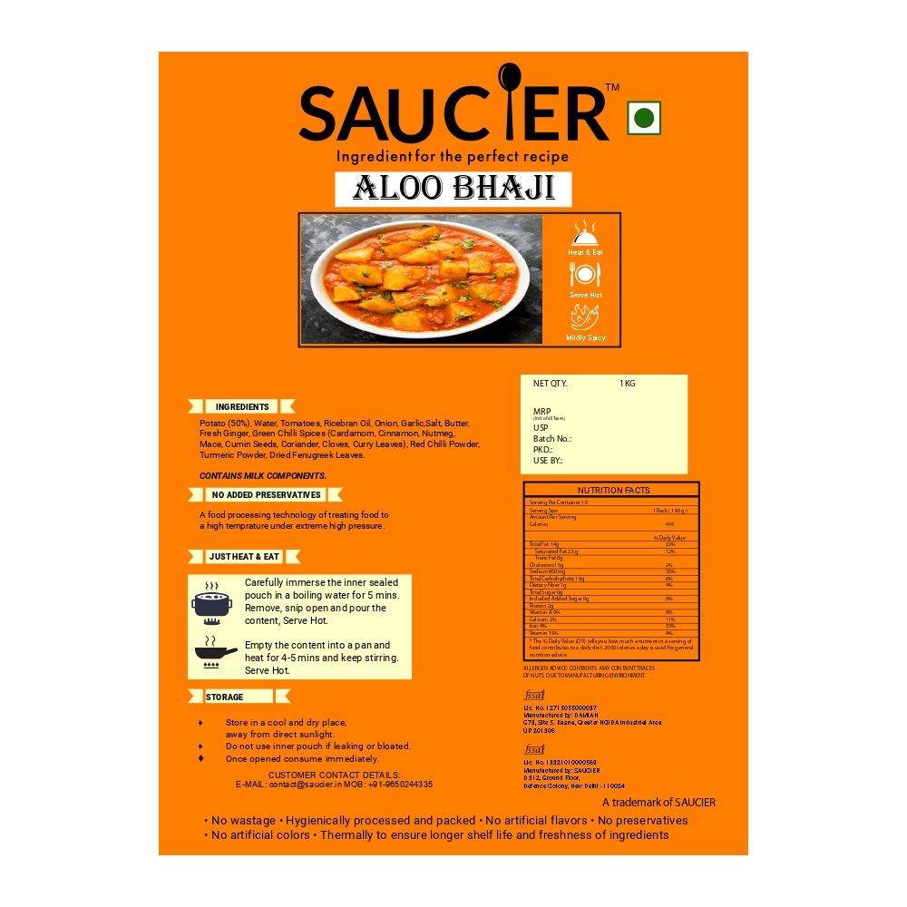 Saucier - RTE Aloo Bhaji Base Gravy, 1 Kg, Ambient